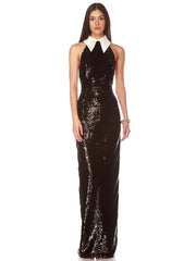 Black sequin halter neck with white collar evening dress styled for celebrity events, worn by a model on a white background