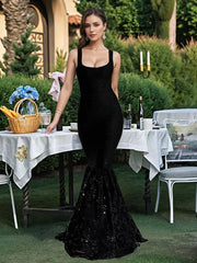 Black sequin mesh patchwork dress styled for evening parties