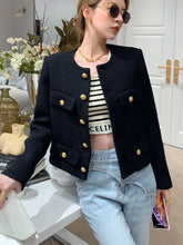 Black short vintage jacket with gold buttons and O-neck for autumn style