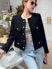 Black short vintage jacket with gold buttons and O-neck for autumn style
