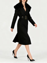 Longline black winter coat with fur neckline