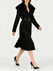 Longline black winter coat with fur neckline