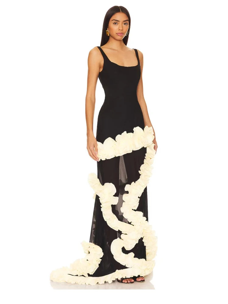 Black sling ruffles patchwork maxi dress styled for evening parties