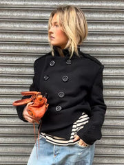 Stand-collar short coat with double-breasted button styling