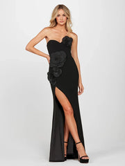 Black strapless flower patchwork dress styled for evening parties