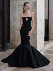 Black strapless mesh patchwork mermaid dress styled for evenings