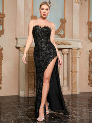 Black strapless silk mesh dress styled for evening parties