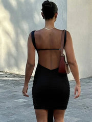 Black draped waist slim fit mini dress with round neckline