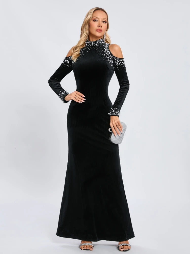 Black velvet beaded pearl dress with off shoulder neckline for evening wear