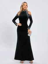 Black velvet beaded pearl dress with off shoulder neckline for evening wear