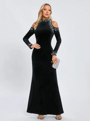 Black velvet beaded pearl dress with off shoulder neckline for evening wear