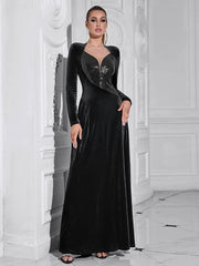 Black velvet sequin mesh dress styled for evening parties