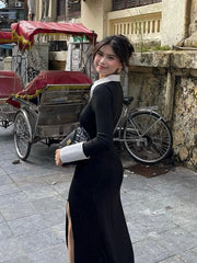 black and white patchwork maxi dress perfect for work or evening