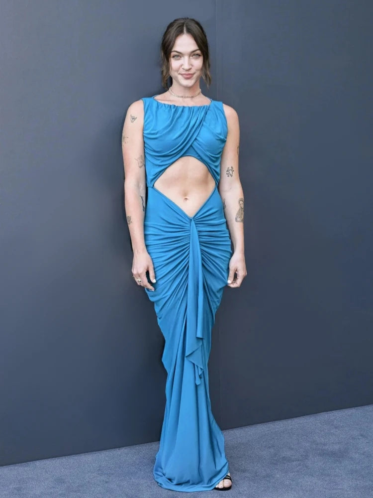 Blue cut-out sheath gown styled for evening events and formal occasions