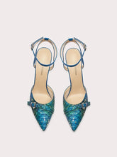 Blue fish pattern strap sandals with thin high heel