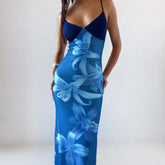 Blue floral backless maxi dress styled for summer and resort