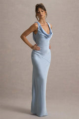 Blue maxi formal party dress with cowl neckline