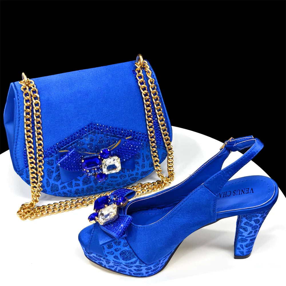 Blue high heel and bag set with gold chain for women