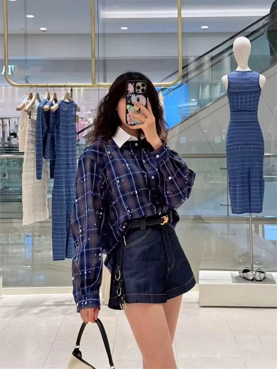 Blue plaid rhinestone blouse styled as an office layer