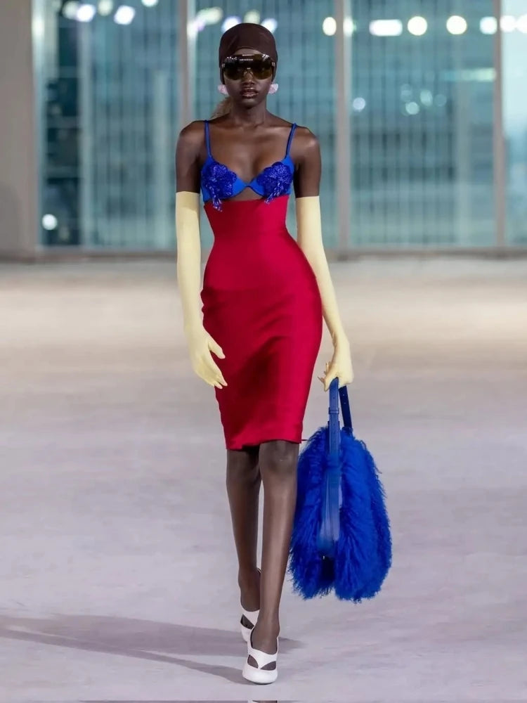 Blue and red appliqué sheath dress styled for artistic parties