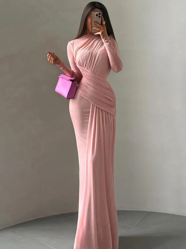 blush ruched drape maxi dress with long sleeves for events