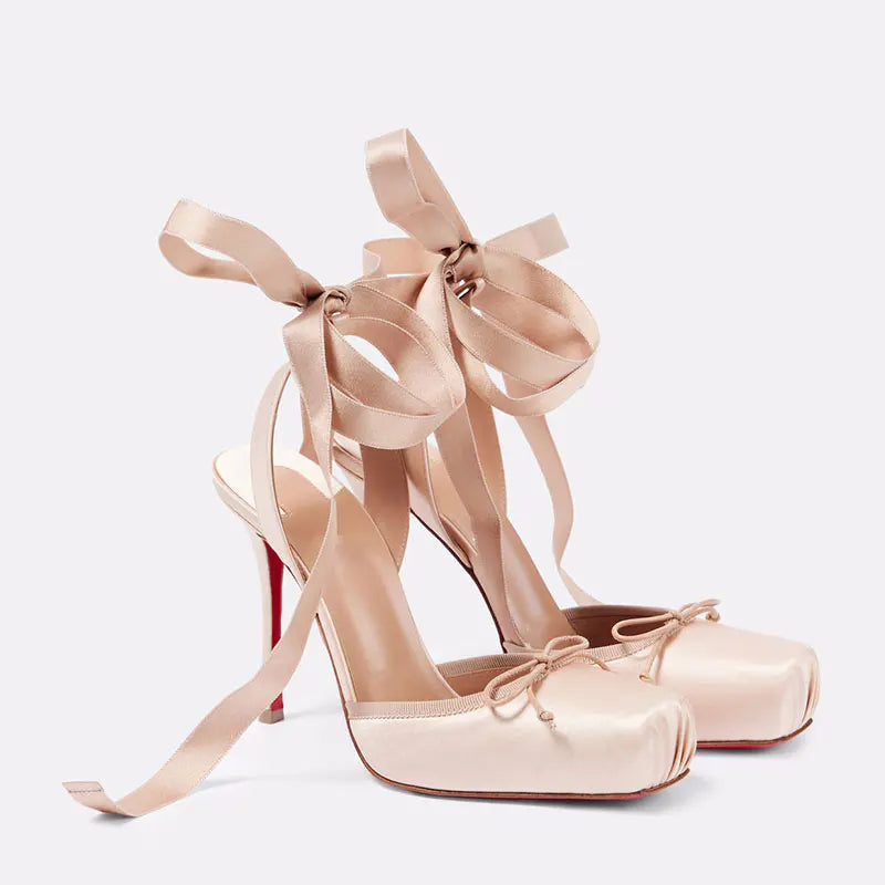Blush satin ribbon tie heels for women styled for formal parties