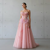 Strapless A-line evening gown with floral embellished bodice