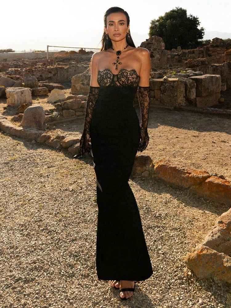 Bodycon evening gown with backless design and ankle length