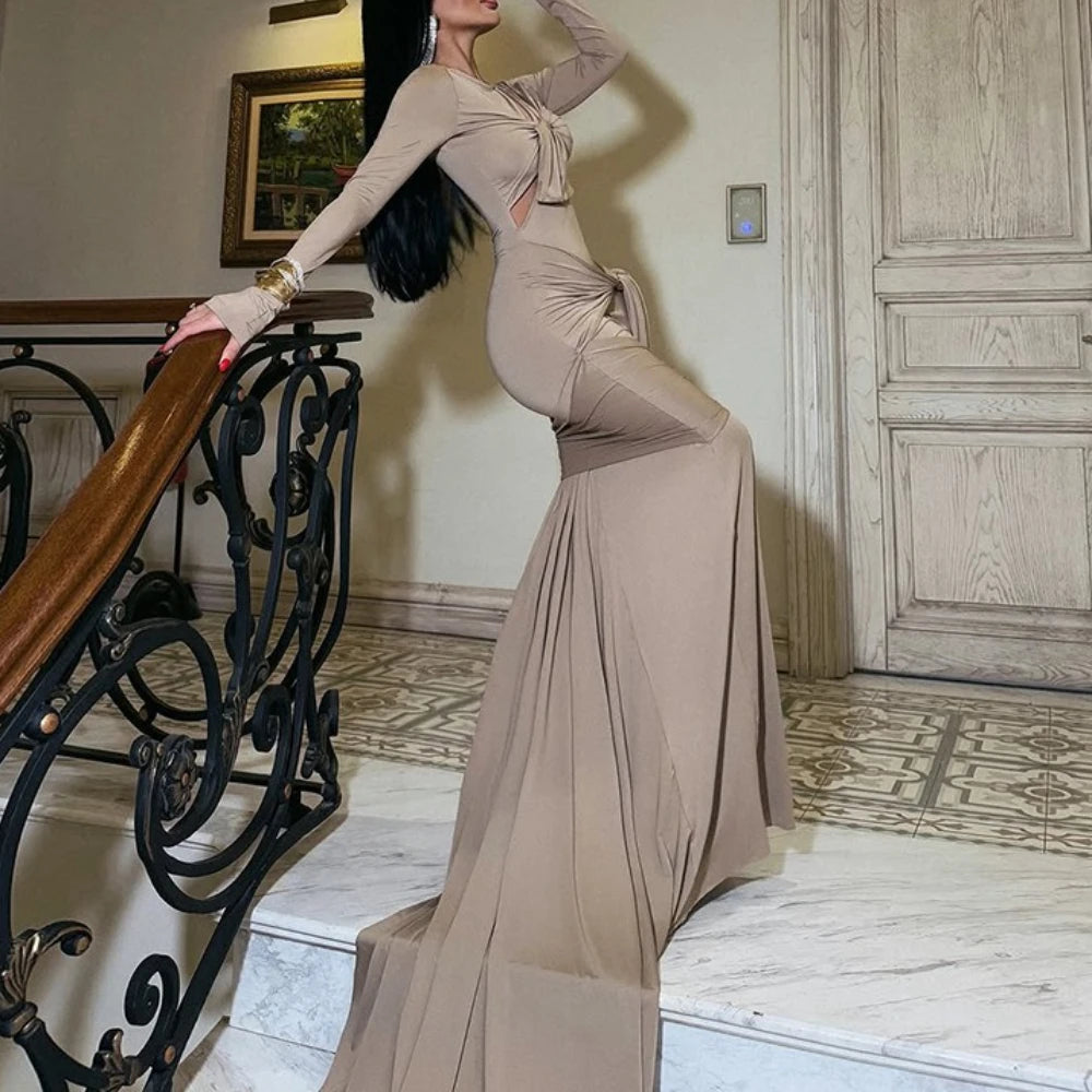 Bodycon hollow-out beige formal gown perfect for modern weddings and ballrooms