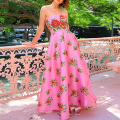 Pink strapless summer dress with high waist and floral print