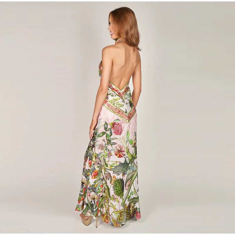 Boho chiffon floral maxi dress with open back design