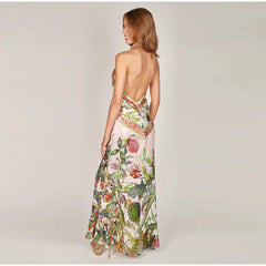 Boho chiffon floral maxi dress with open back design