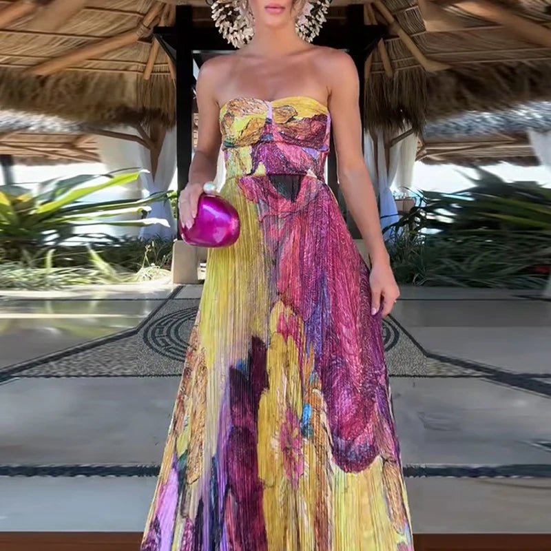Close-up of strapless boho dress paired with bold pink accessories