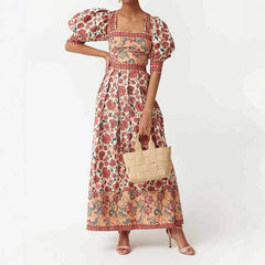 Boho floral square neck midi dress styled for holidays and brunches