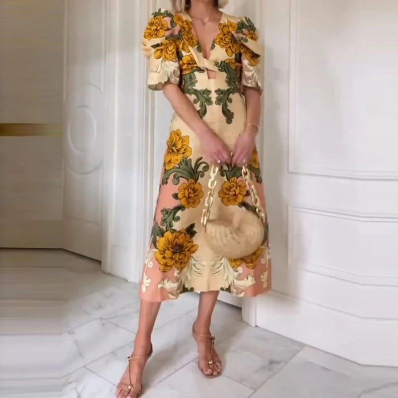 Boho garden party yellow midi dress with regular fit and natural waist