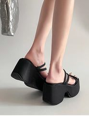 Back view of wedge heel black platform slippers for women