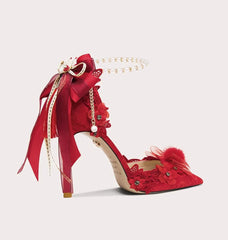 Gold strap red event dress heels designed for showstopper entrances