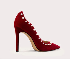 Bold red event pumps with pearls, ideal for formal or fashion events
