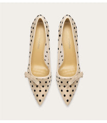 Bow mesh dot sandals with pointed toe and thin heel