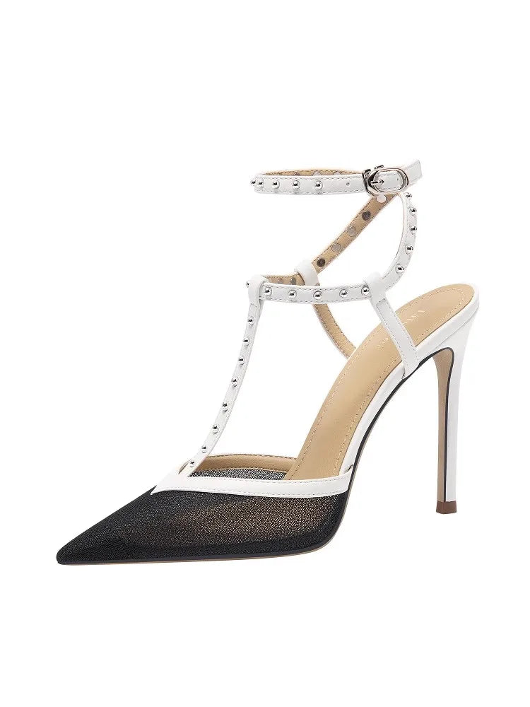 Pointed toe rivet high heels with ankle strap