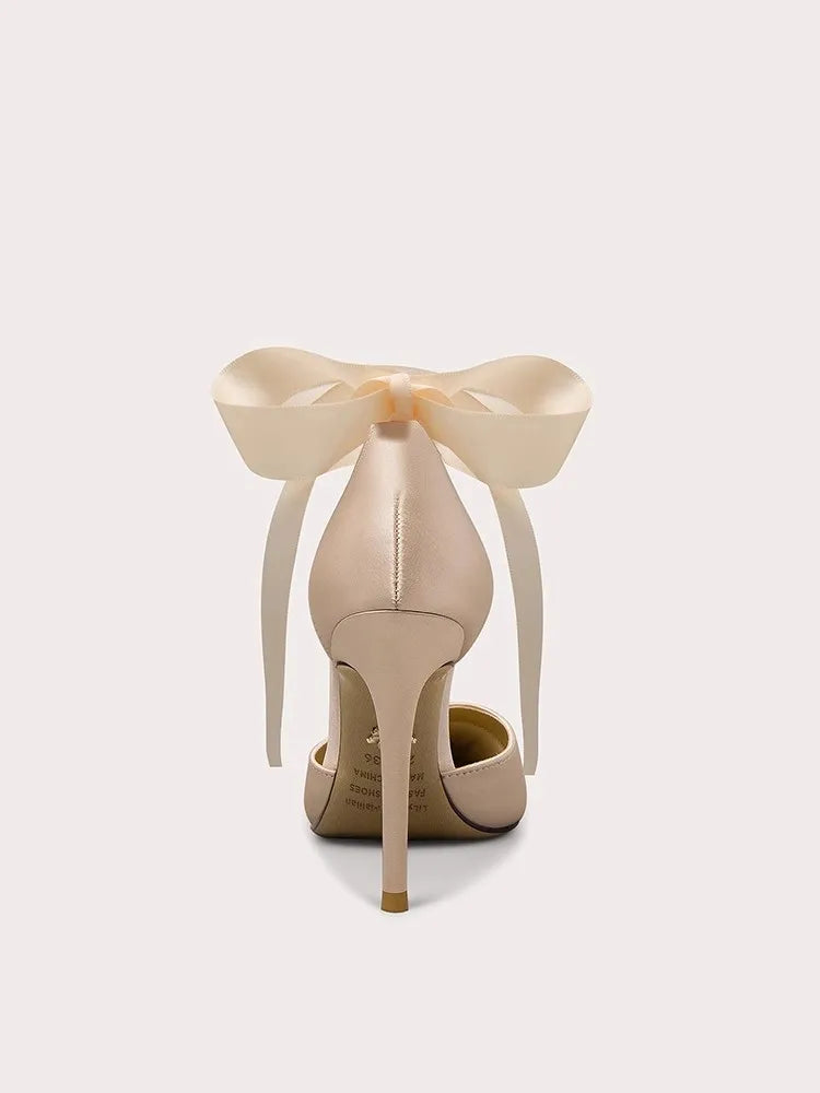 Bridal beige silk high heels with riband accent