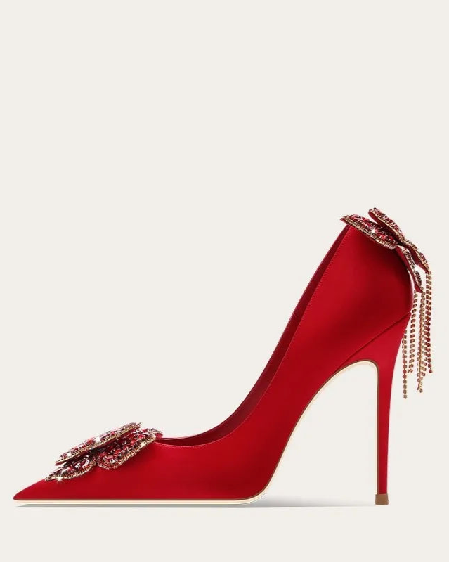 Bridal butterfly knot stiletto pumps in red silk