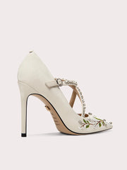 Bridal crystal strap pump in white with floral embroidery and stiletto heel