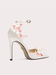 Bridal floral pearl ankle strap shoes handmade for celebrations