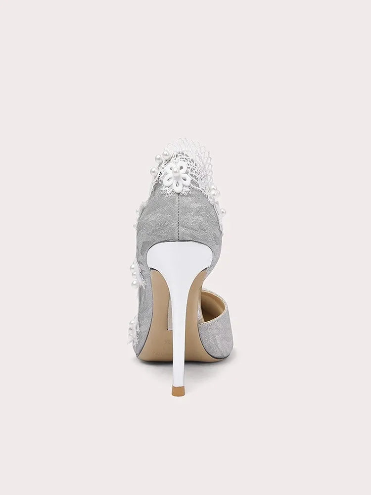 Bridal lace formal event shoes with metallic shimmer and appliqué details