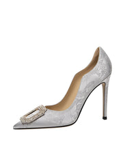Women’s crystal embellished silk print pumps