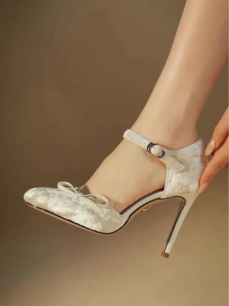 Elegant bridal suede rhinestone bow stiletto sandals