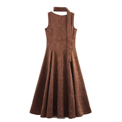 Brown A-line midi dress styled for autumn brunch and events