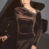 Long sleeve top with asymmetrical lace neckline and slim fitted shape
