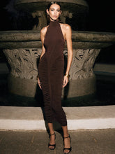 Brown ruched sleeveless dress with halter neck and slim fit